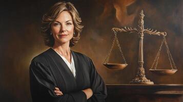 retrato de un mujer en judicial batas con un escala de justicia foto