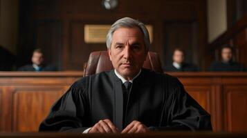 A Judge in Black Robes Sitting in a Courtroom photo
