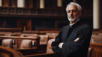 A Judge Standing in a Courtroom with His Arms Crossed photo