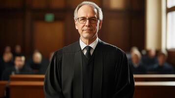 A Male Judge in a Black Robe Standing in a Courtroom photo