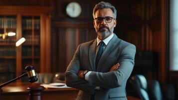 Confident Lawyer in Suit with Gavel in Foreground photo