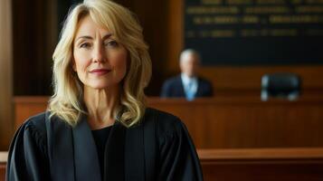 Female Judge in Black Robe with Blonde Hair and Serene Expression photo