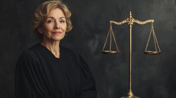 Female Judge in Black Robe with Scales of Justice photo