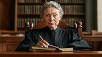 Serious female judge seated at a desk in a courtroom, writing photo
