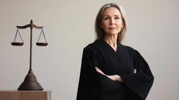 Female Judge Standing with Arms Crossed in Front of a Scale of Justice photo