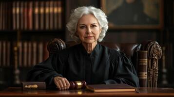 Female Judge in a Courtroom with a Gavel in Hand photo