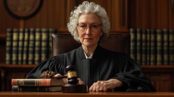 Female Judge in Black Robe with Gavel and Books on a Wooden Desk photo