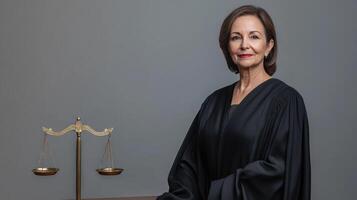 Female Judge Wearing Black Robe with Scales of Justice in Foreground photo