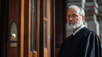 A Judge in Black Robe Standing in a Courtroom Doorway photo