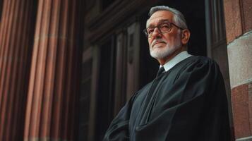 Senior Male Judge in Black Robe Standing Outside Courthouse photo