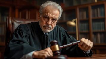 A Judge In Black Robes Holds a Gavel and Looks at the Camera photo