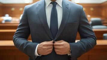 A Man in a Suit Adjusting His Jacket in a Conference Room photo