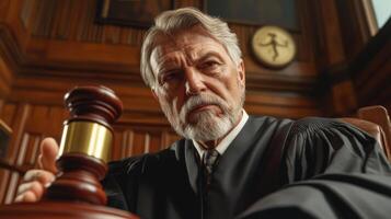 A Serious Judge in a Courtroom with a Gavel photo