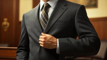 Close-up of a man's hand adjusting his suit jacket photo