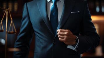 Close-up of a Man in a Suit Adjusting His Lapel with a Scale of Justice in the Background photo