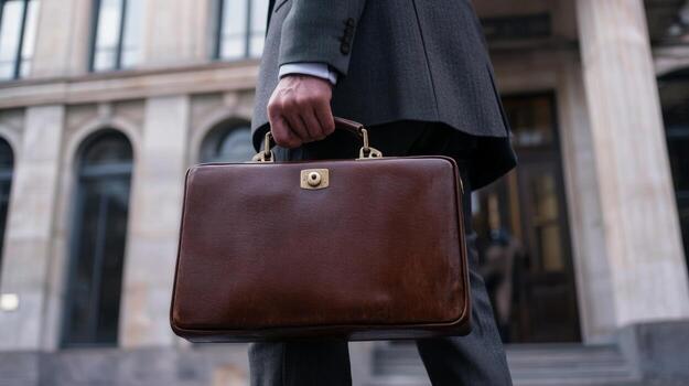A Man Carrying a Brown Leather Briefcase in Front of a Building photo