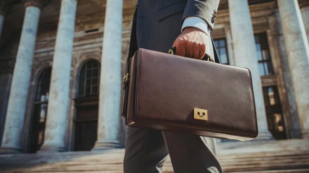 A Man in a Suit Holding a Leather Briefcase in Front of a Classical Building photo