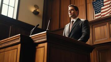 A Man in a Suit Stands Behind a Podium with a Microphone photo