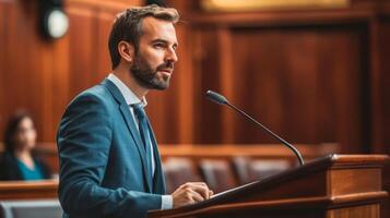 A Man in a Suit Giving a Speech at a Podium photo