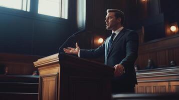 A Man in a Suit Delivers a Speech From a Podium photo