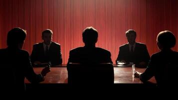 Silhouetted figures in a meeting, seated around a table in a dimly lit room photo