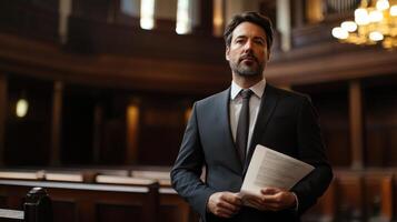 Man in Suit Holding Paper in Church Interior photo