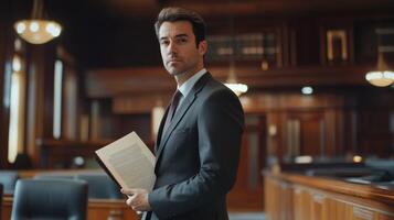 A confident man in a suit holds a document in a formal setting. photo