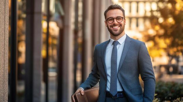 Smiling Man in Suit and Glasses Holding a Briefcase photo