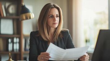 Woman in a Black Blazer Reviewing Documents at a Desk photo