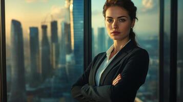 Confident Businesswoman Standing by a Window with a City View photo