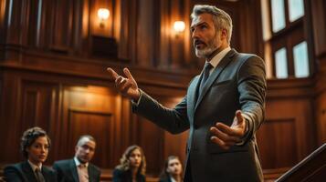 A lawyer in a suit, speaking in a courtroom with a focused expression photo