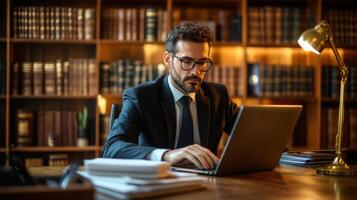 A Man in a Suit Working on a Laptop in a Library photo