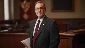 Portrait of a Middle-Aged Man in a Striped Suit Holding Papers photo
