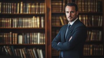 A Man in a Suit Standing Before a Bookshelf photo