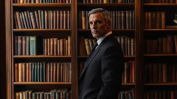 A man in a suit stands before a bookshelf filled with antique books photo