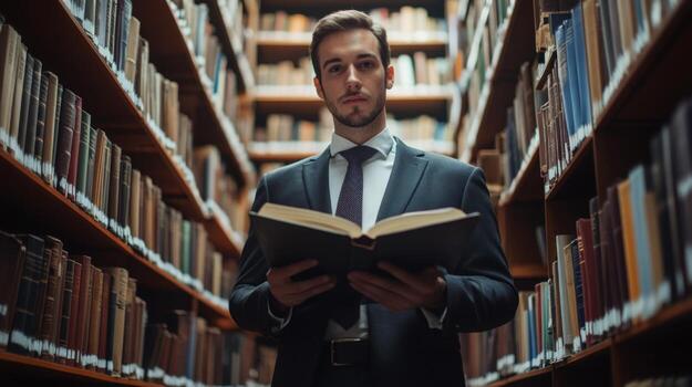 A Man in a Suit Holding a Book in a Library photo