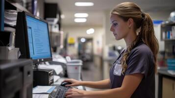 A young woman in a medical scrubs uniform uses a computer in a hospital setting. photo