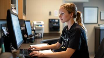Female Doctor Working at a Computer in a Medical Office photo