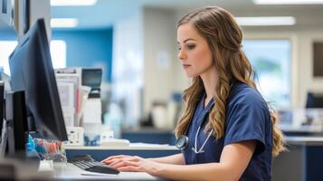 Female Doctor or Nurse Using a Computer in an Office photo