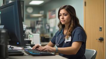 Female Nurse Working on Computer in Office photo