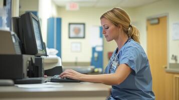Female Healthcare Professional Working at Computer in Hospital Setting photo