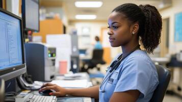 Female Doctor Using Computer in Hospital Office photo