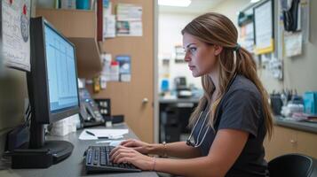 A female doctor working on a computer in her office photo