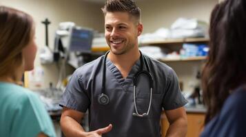 Male Doctor in Grey Scrubs with Stethoscope Talking to Patients photo