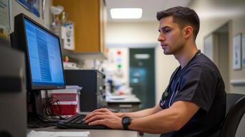 Male Doctor in scrubs typing on a computer in an office. photo