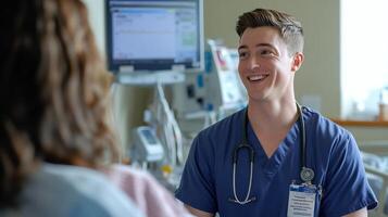 A Smiling Male Nurse Talks to a Patient in a Hospital Room photo