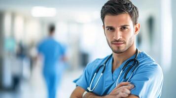 Portrait of a Confident Male Doctor in a Hospital Setting photo