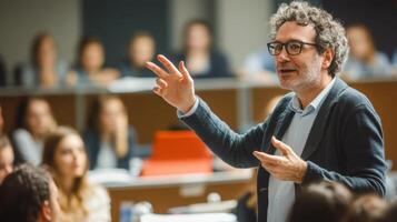 Middle-aged man in glasses giving a presentation to a blurred audience. photo