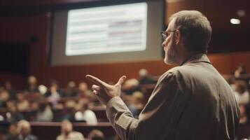 A Speaker Addressing a Crowd in a Conference Hall photo