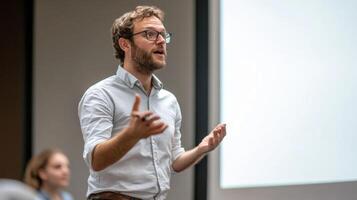 A Man in Glasses Passionately Presenting in Front of a Whiteboard photo